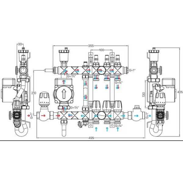 Колектор 3 контури Koer з вбудованим змішувальним вузлом