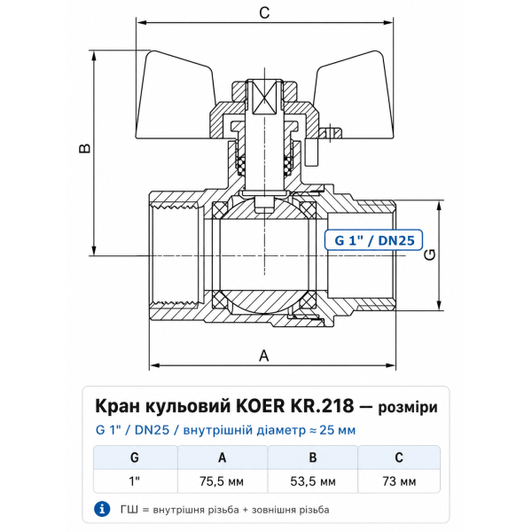 Кран кульовий латунний 3/4" ГШ KOER KR0043