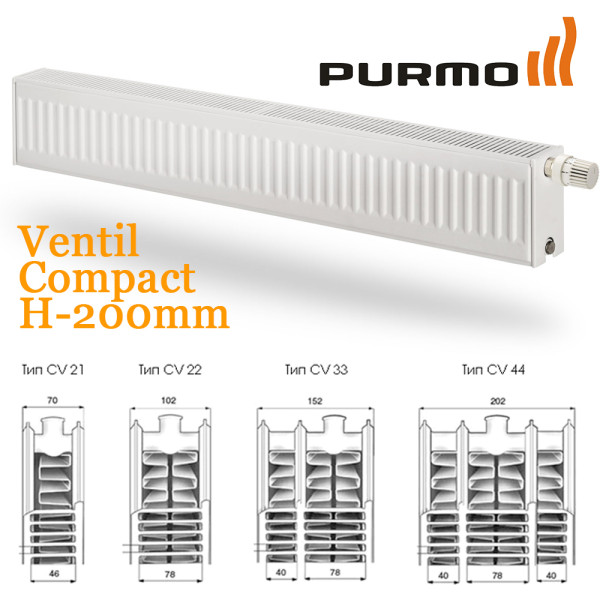 Низький радіатор Purmo 200x800 мм, тип 22, нижнє підключення